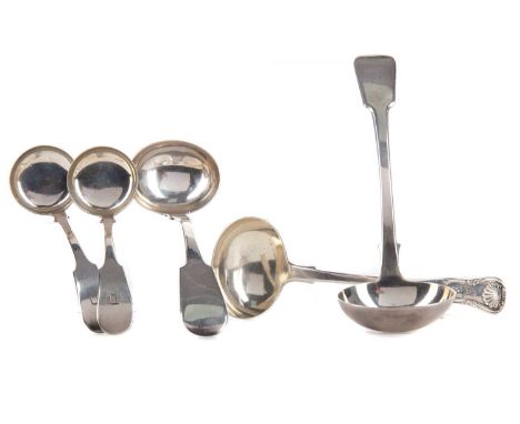 PAIR OF WILLIAM VI SILVER SAUCE LADLES,maker Andrew Wilkie, Edinburgh 1836, fiddle pattern, 18.8cm long, along with a pair of