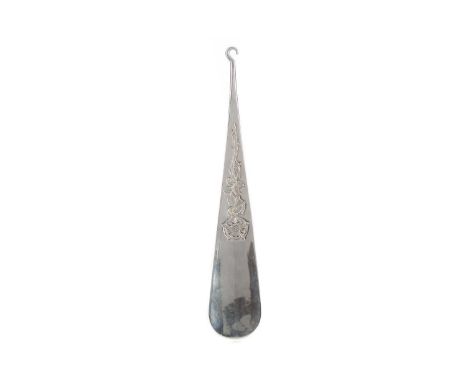 GEORGE V ARTS &amp; CRAFTS SILVER BUTTON HOOK,maker Ramsden &amp; Carr, with rose design, inscribed 'E. B. W. from L. W. 1915