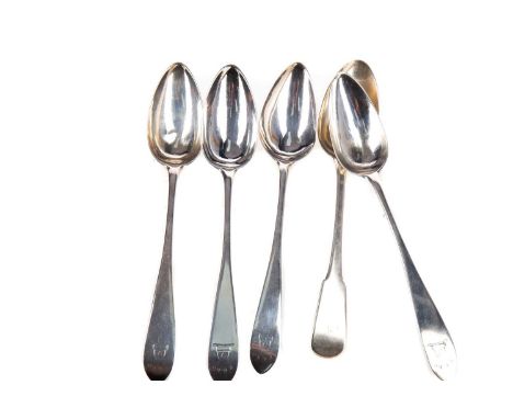 SET OF FOUR GEORGE III SILVER TABLE SPOONS,maker George Christie, Edinburgh 1793, Celtic point, with crest and motto 'Fero' e