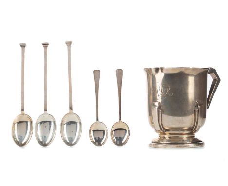ART DECO SILVER CHRISTENING MUG,maker Walker &amp; Hall, Sheffield 1934, of circular form with angular handle and geometric d