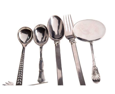 SILVER FORK AND SPOON BY OVE ERIKSEN, 830 standard, together with two further Scandinavian spoons and a server, the latter by