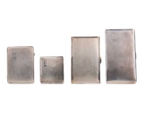 GROUP OF FOUR SILVER CIGARETTE CASES,various assays and makers, each with engine turned exterior, two with initials, the larg