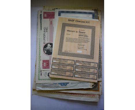 BONDS &amp; SHARE CERTIFICATES:&nbsp;a collection of 30 misc. world share certificates and related, generally in good conditi