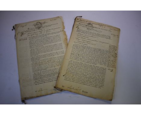 FRENCH DOCUMENTS:&nbsp;two 18thc printed documents on paper with manuscript additions, 1764-67, the latter signed by treasure