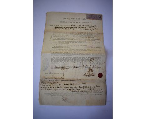 PRINTED &amp; MANUSCRIPT DOCUMENTS:&nbsp;a miscellany, to include 3 Bank of Bengal documents with adhesive revenue stamps, 18