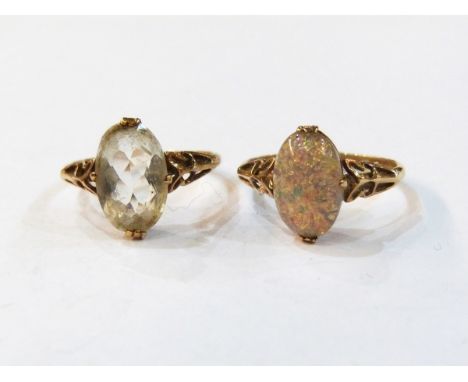 9ct gold and clear paste set ring and a 9ct gold ring with opal doublet (2) 