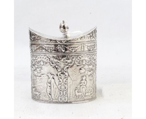 Continental oval silver tea caddy with embossed decoration, of figures within four panels, import mark for Sheffield 1911, he