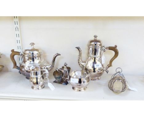 Silver plated four-piece tea/coffee service all with strapwork bands, a foreign silver-coloured metal camel salt, a silver pl