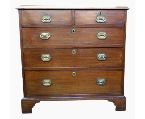 19th century mahogany chest of two short and three long drawers, each with brass escutcheon, handle with backplate, on bracke