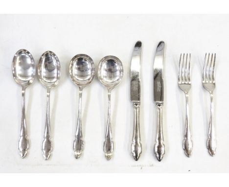 Mappin and Webb silver toastrack and silver plated Dubarry pattern part flatware set 