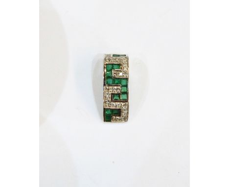 18ct white gold, emerald and diamond pendant, curved rectangular, set with geometric pattern of small diamonds and square cut