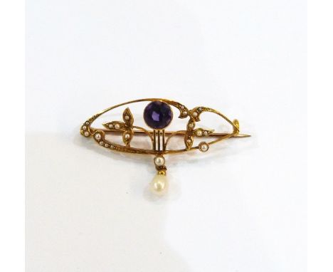 Edwardian 15ct gold, amethyst and cultured pearl bar brooch of stylised foliate pattern, set single circular facet-cut amethy