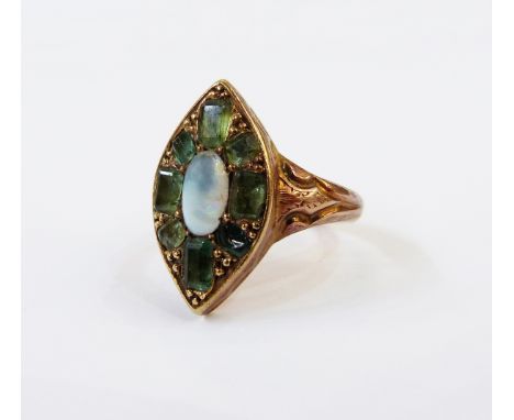 Late Georgian gold-coloured, emerald and opal ring, marquise-shaped and set centre opal, having surround of eight variously s