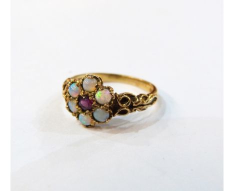 9ct gold and opal flower-shaped ring, size L approx, 2.8g in total 