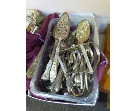 Quantity of silver plate to include: serving spoons, fish slice, teaspoons, cheese knife etc., a four division toast rack and