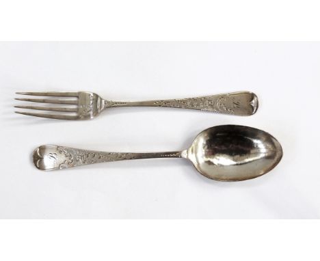 Child's late Victorian christening spoon and fork, Old English pattern and foliate scroll engraved, Sheffield 1900, makers C 