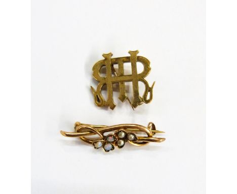 9ct gold monogram brooch and gold, opal & seedpearl bar brooch