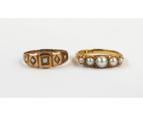 18ct gold and cultured pearl ring set five graduated cultured pearls and a 9ct gold and seedpearl ring, approx 3g (worn) (2) 