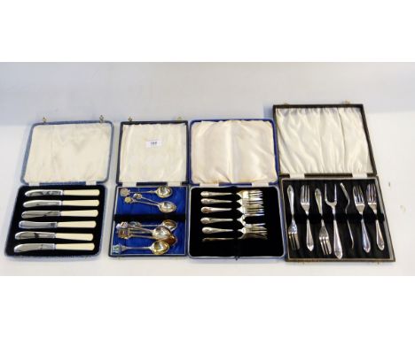 Set of six silver plated cake forks and serving fork, cased, other related flatware and nine silver souvenir teaspoons, the m