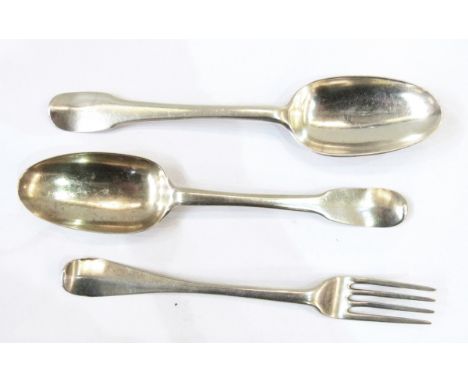 Two 18th century French silver rat tail tablespoons and a 18th century continental fork (3)  