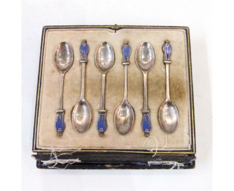 Set of six 20th century enamel and silver coffee spoons with enamel finial of gentleman in blue suit, yellow cap and swagger 