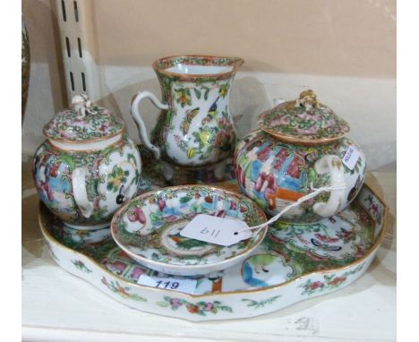 Canton porcelain part teaset to include a tray, shaped oval with serpentine borders decorated with figure, floral and bird pa