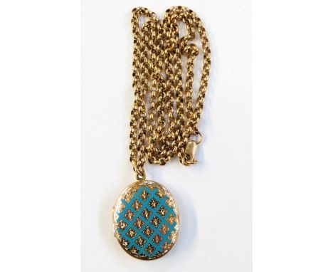 Victorian gold-plated and enamel locket, trellis-design, on later gold belcher-pattern chain