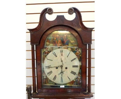 19th century mahogany longcase clock, the hood with swan-neck pediment, the trunk applied split pilasters and the painted ena