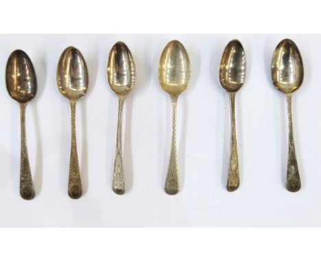 Child's silver fork and spoon, cased, Sheffield 1926 and 1929, scroll decorated, six Georgian and later silver teaspoons with