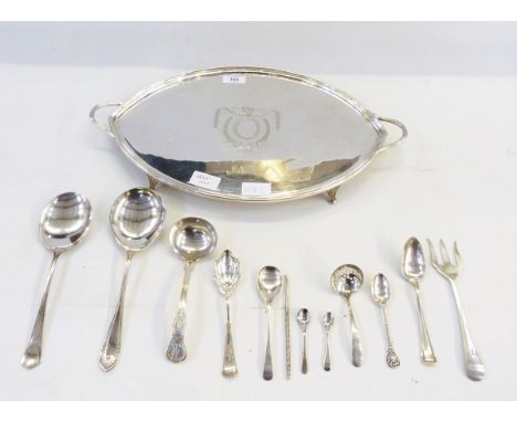 Silver plated two-handled tray of oval form, on four bracket feet and a small quantity of silver and silver plated cutlery 