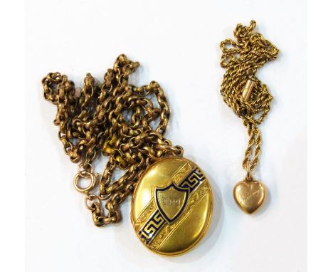Gold-coloured heart-shaped locket with red enamel decoration, engraved to reverse, on a gold plated chain and an oval gold-co