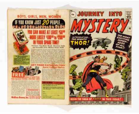 Journey Into Mystery 83 (1962). Cover has two light store stamps and light owner signature. Centre page crease with top edge 
