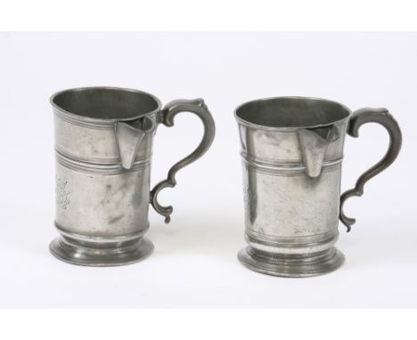 A quart side pouring spouted tankard, having ring body decoration, engraved Brittania, New Street and initialled J.E.B. 16.5c