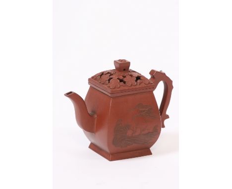 A fine Chinese Y-Hsing stoneware teapot, with reticulated lid, six character seal mark to base, early 19th Century, 13cm high