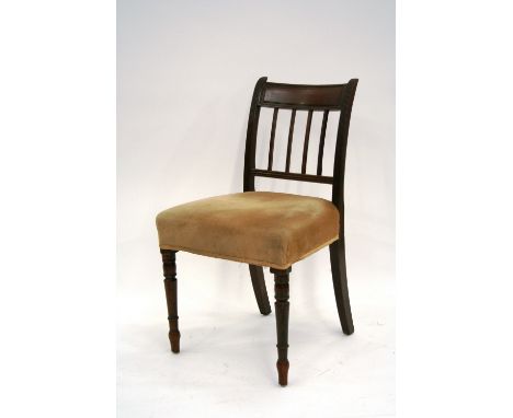 Four 19th Century mahogany bar back dining chairs, and a later example, with upholstered stuff-over seats, raised on ring tur