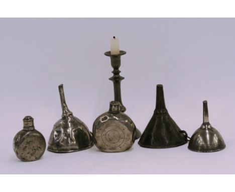 Two screw top flat bodied flasks; three wine funnels with ring handles, (one stamped KR); and a 19th Century gadroon decorate