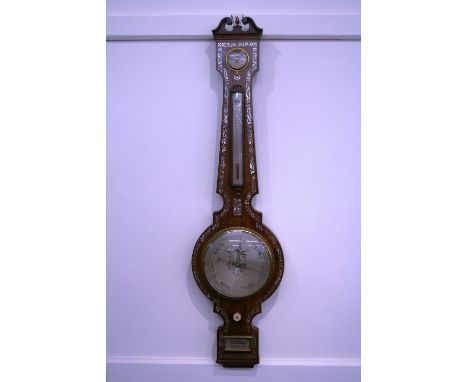 A 19th Century rosewood and mother of pearl inlaid wheel barometer, by Rossi of Norwich, surmounted by a scroll arch pediment