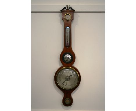 A 19th Century mahogany and satinwood strung banjo barometer, surmounted by a scrolled arch pediment with central brass finia