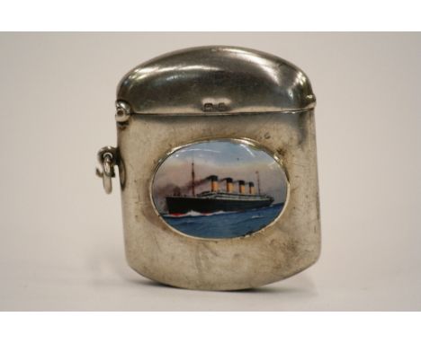 A silver and enamel decorated Vesta case, the oval panel inset with a scene of a four funnel steam liner, Birmingham 1911