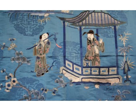 A collection of Chinese silk work embroideries and wall hangings, decorated with figures, foliage, birds and butterflies, (7)