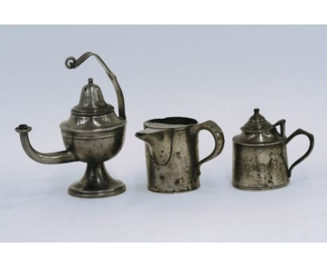 A continental hanging oil lamp, 17cm high; a 19th Century drum shaped mustard pot, 10cm high; and a small straight sided jug 