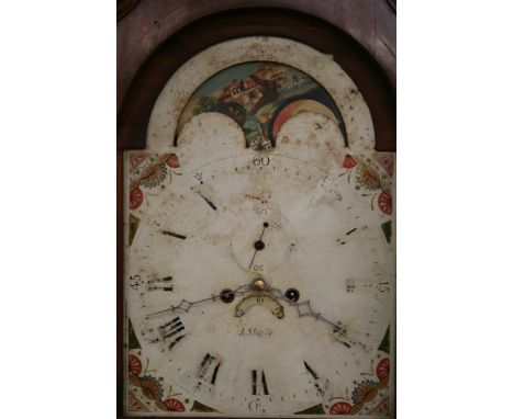 A 19th Century mahogany and oak long case clock, surmounted by a scroll arch pediment flanked by reeded columns, enclosing a 