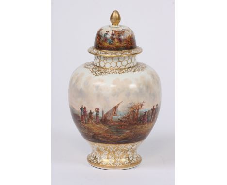 A pair of Dresden floral decorated comports; a Dresden baluster vase, decorated with rural scenes, (extensively restored); fo