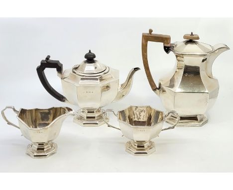 A three piece silver tea service, by G Bryan &amp; Co, Birmingham 1932, comprising teapot, twin handled sugar bowl and milk j