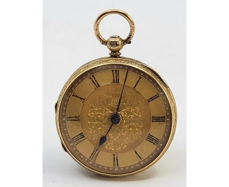 A Victorian 18ct. gold open face fob watch, key wind, having gold engine turned dial engraved flowers to centre with Roman nu
