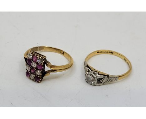 A yellow gold, ruby and diamond ring, having rectangular head set chequered pattern of six rubies and six graduated old cut d