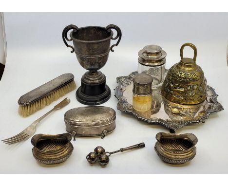 A silver twin handled trophy cup, Birmingham 1924, height 12.5cm, on turned wood stand, a pair of Victorian semi-fluted oval 