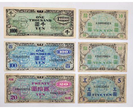 Six WW2 Japan/Allied Military Currency banknotes: A scarce 1000 Yen B series, 1951 (light central fold), 100 Yen B series, 20