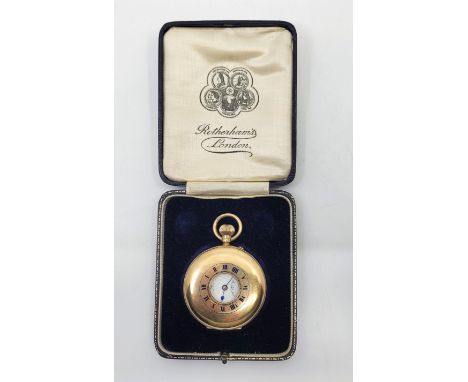 A Rotherham's (London) 9ct. gold half hunter pocket watch, crown wind, having signed Roman numeral dial with outer minutes tr