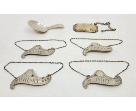 A set of four Britannia silver decanter labels, by Levi &amp; Salaman, Birmingham 1910-11, "Whisky", "Port", "Brandy" and "Sh